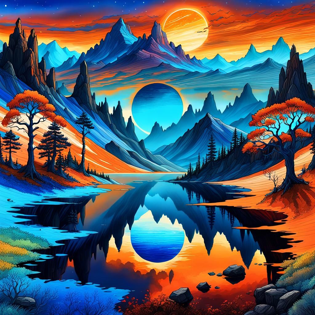 Solarpunk Landscape with Luminous Sun in Alcohol Ink Style