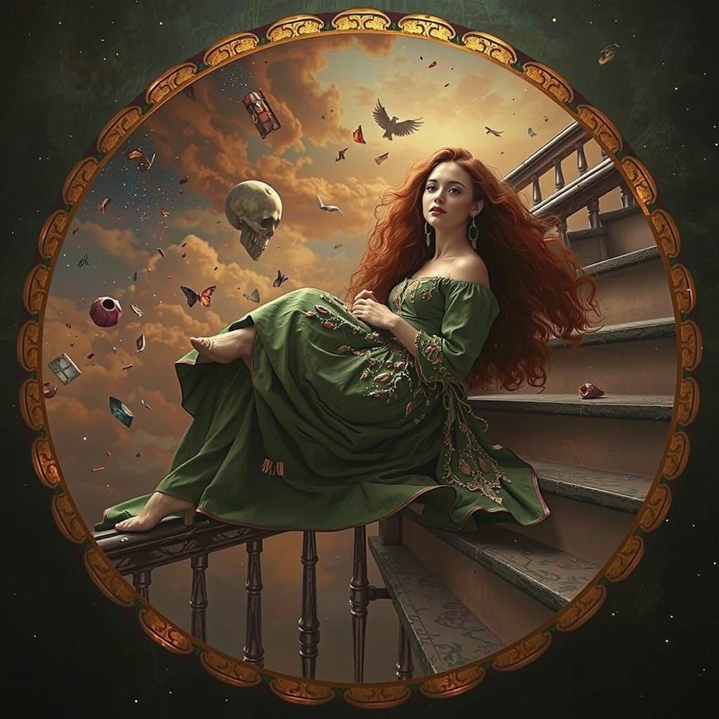 Three Sisters on Celestial Staircase in Billowing Gowns