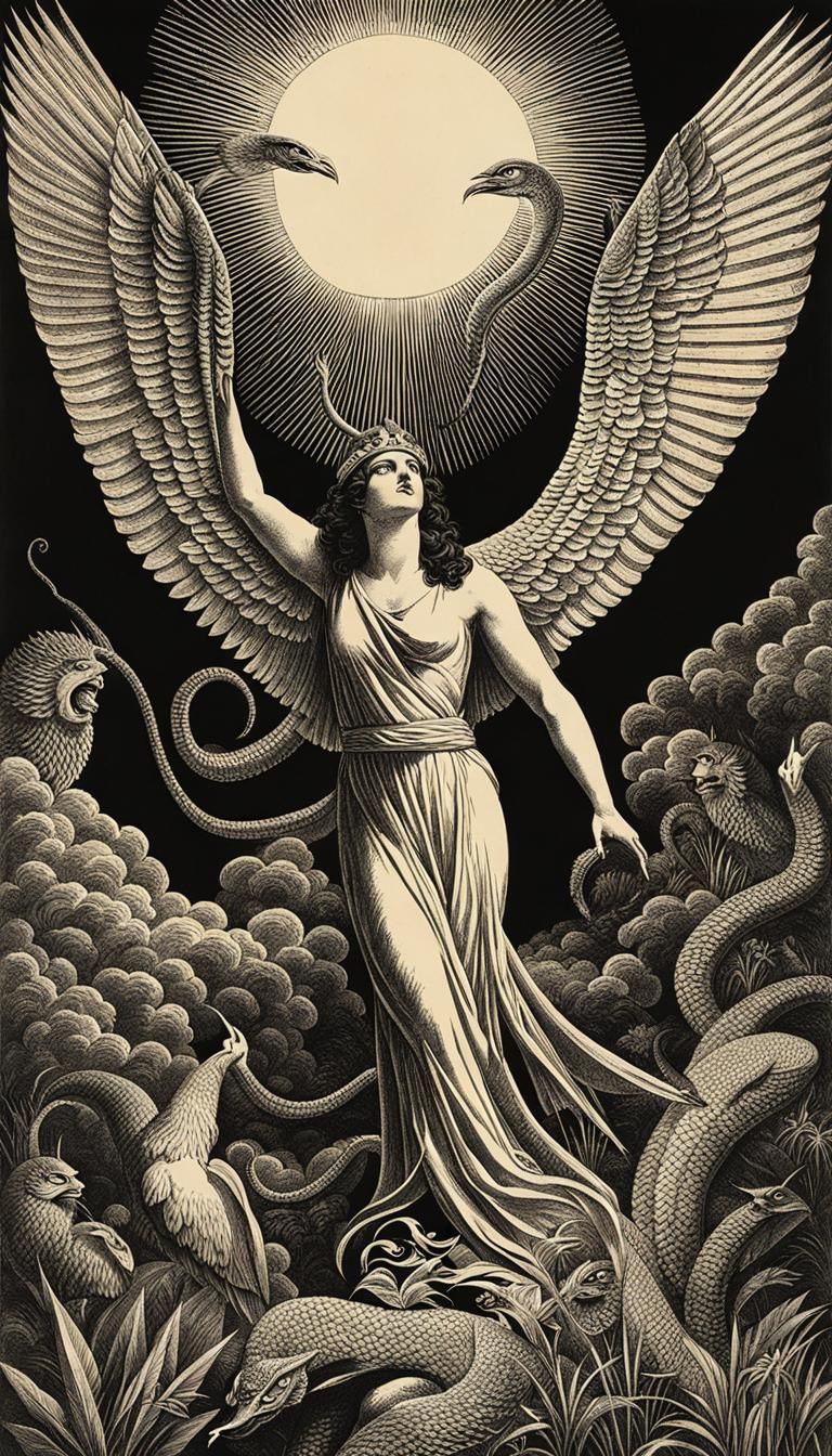 Sumerian Demons with Serpent Wings: Lithograph Engraving