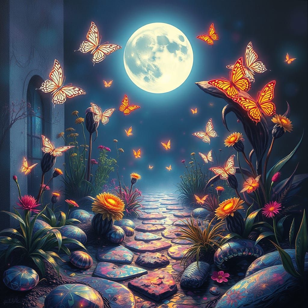 Dreamlike Garden Scene in Dali-Inspired Cyberpunk Style