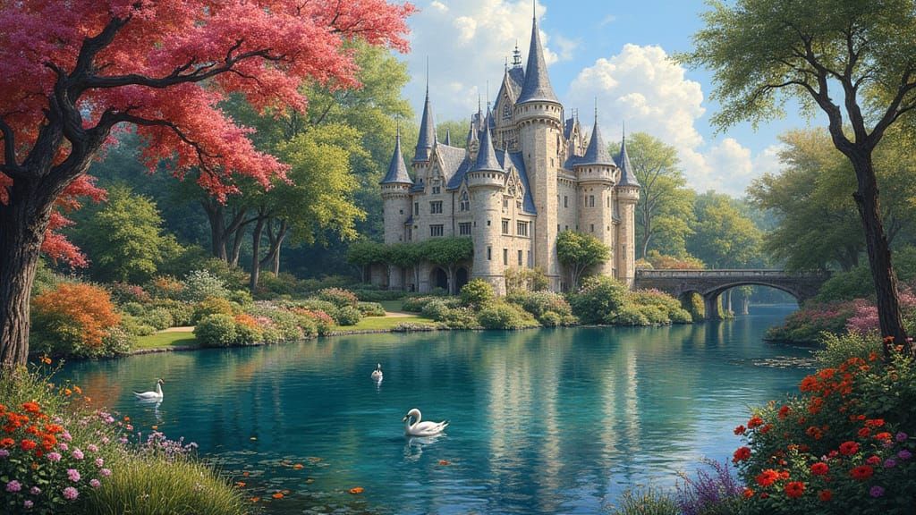 Surreal Castle Garden Blooms in Vibrant Oil Painting