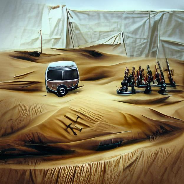 Hyperrealistic Desert Caravan with Future Assassins