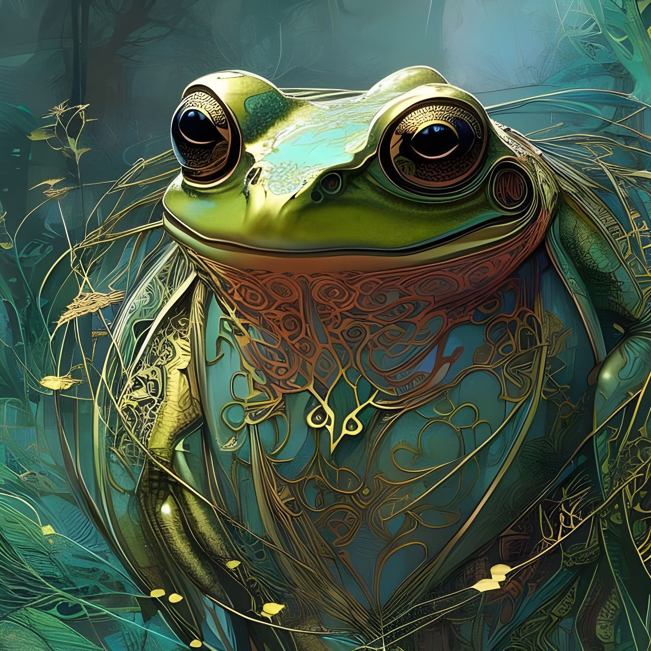Detailed Frog Portrait with Golden Outlines