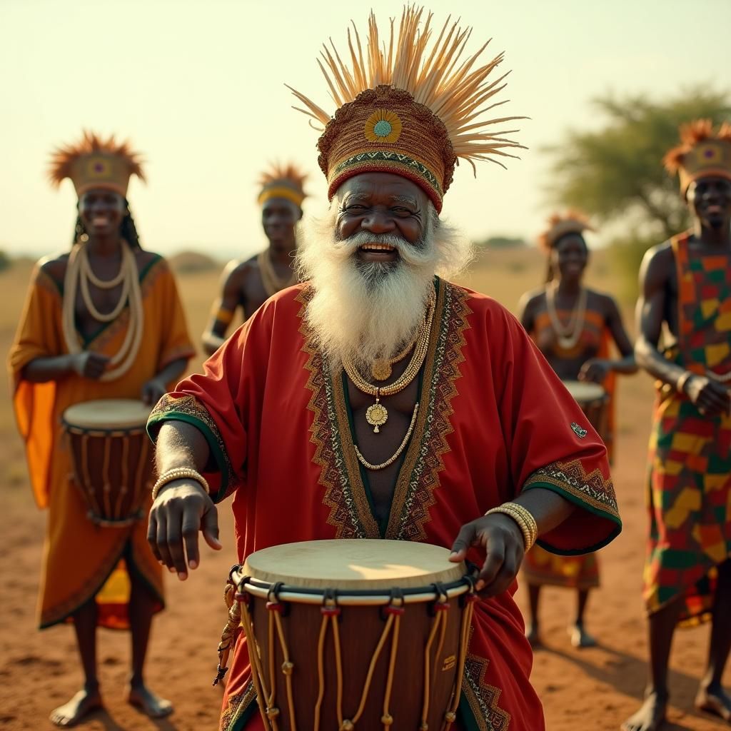 Santa Claus Plays Drums in African Tribe