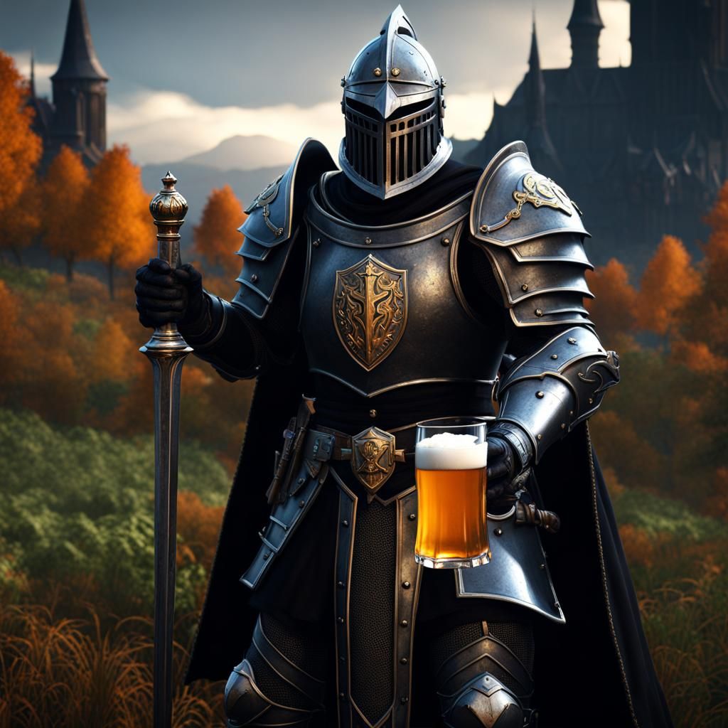 Gothic Knight Enjoying Beer in Dark Fantasy Style
