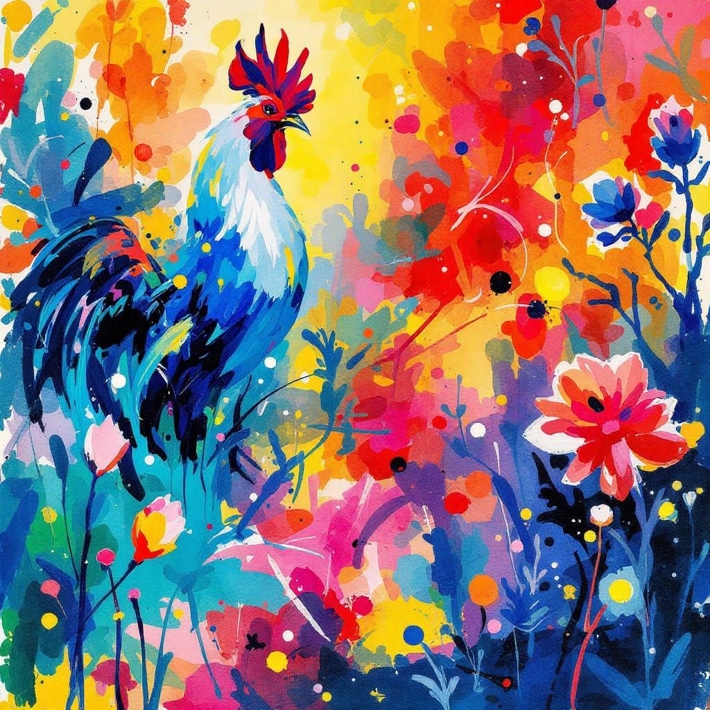 Rooster in Vegas Blooms with Fauvist Color