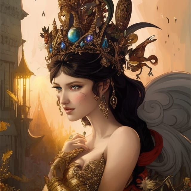 Rabbit Queen in Ornate Crown, Digital Illustration