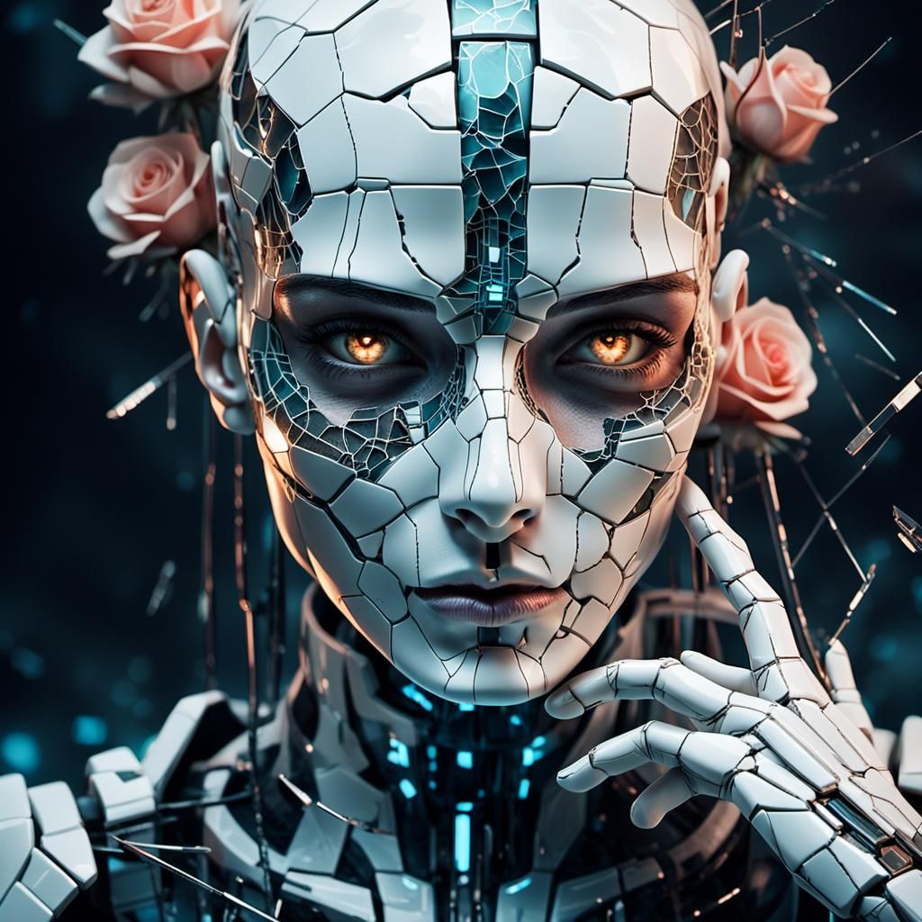Cyberpunk Android Portrait: Shattered Porcelain Beauty