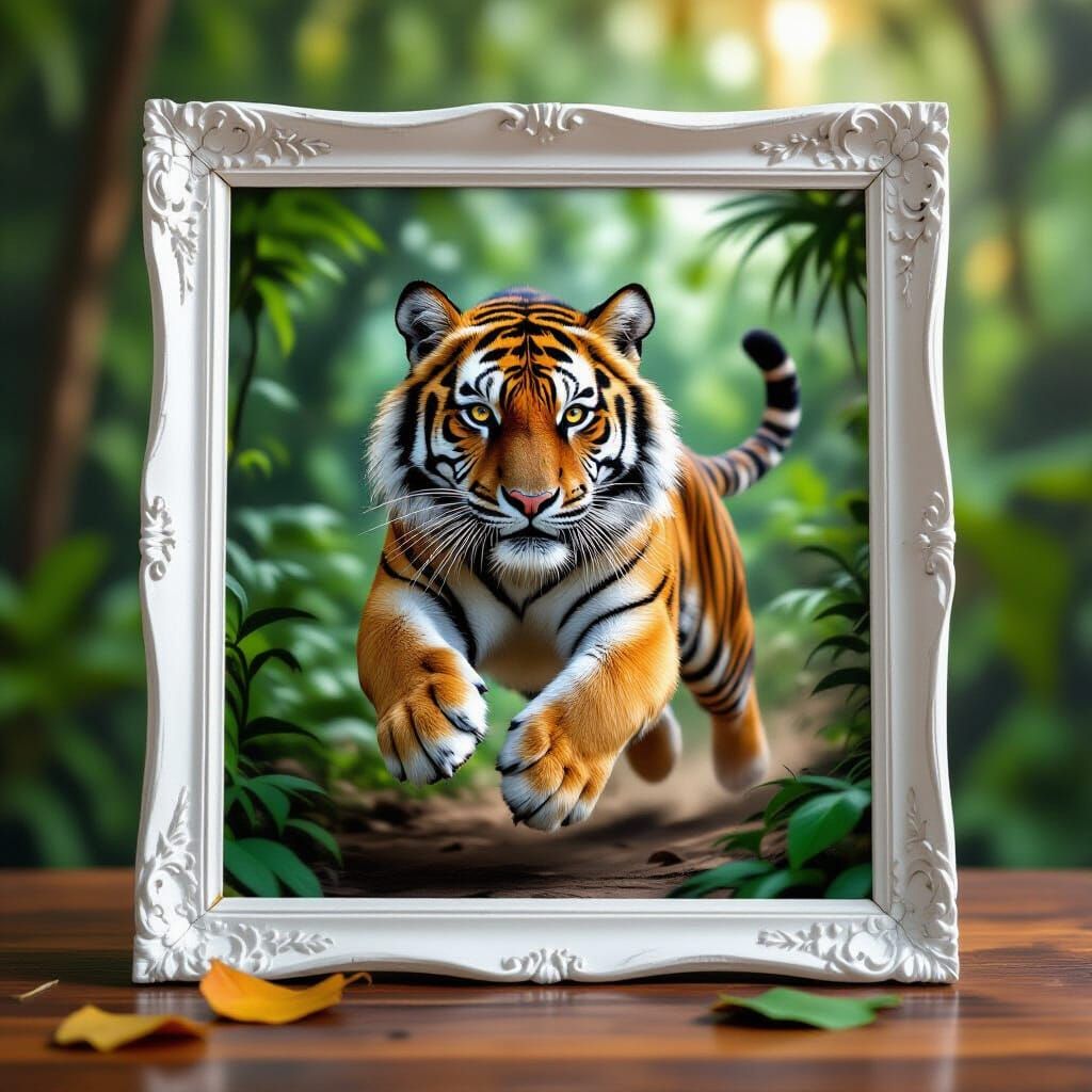 Majestic Tiger Leaps from Photo Frame in Hyperrealism