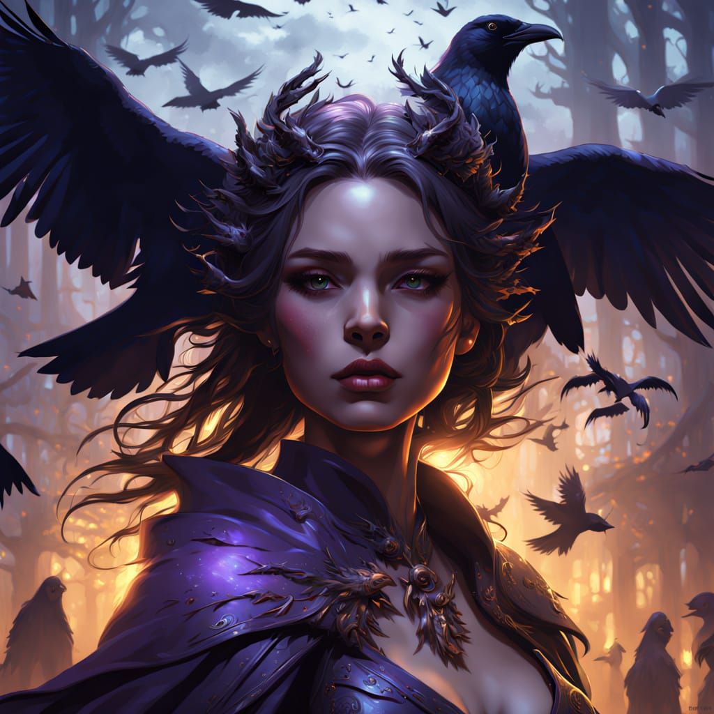Surreal Dark Fantasy Portrait with Haunting Woman and Ravens