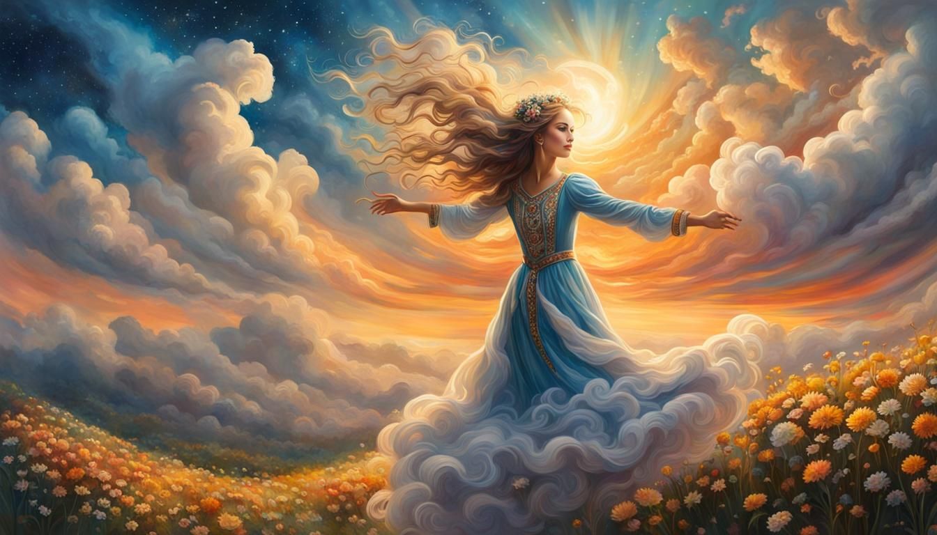 Dancing Cloud Girl Reaching for the Sun