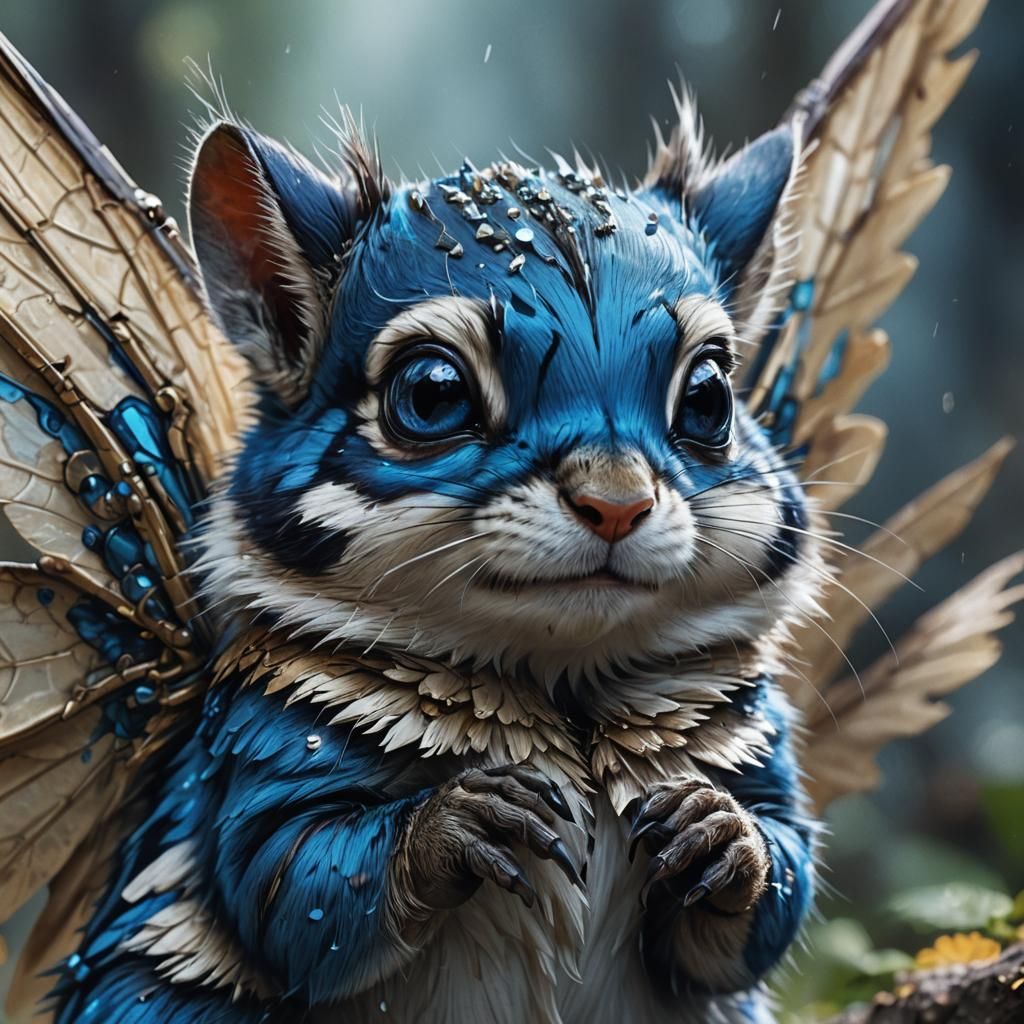Winged Blue Chipmunk Portrait in Detailed Matte Style