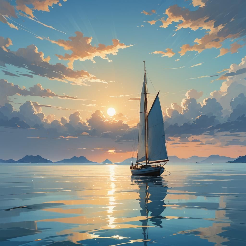 Sailboat on Calm Sea: Anime-Inspired Digital Art
