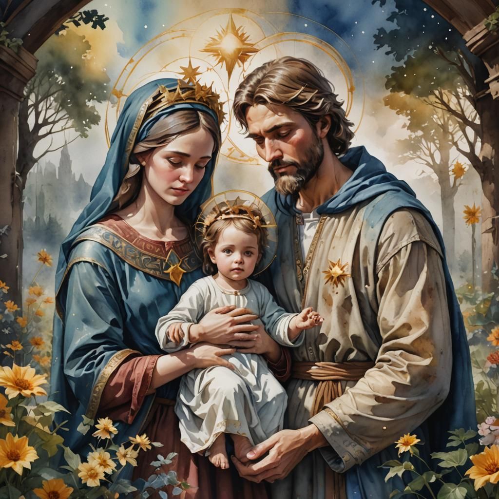The Holy Family in Modern Watercolor Style