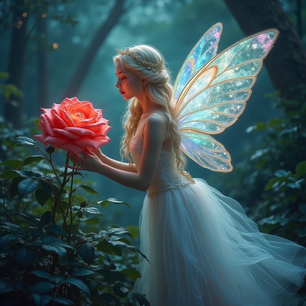 Majestic Fairy Touches Crimson Rose in Enchanted Garden