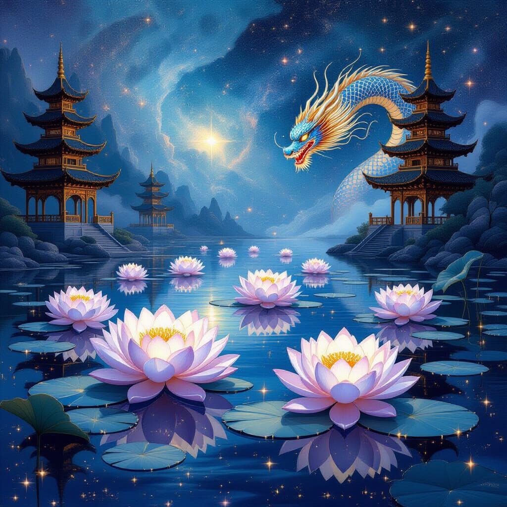 Nebula Garden: Glowing Lotuses and Celestial Dragons
