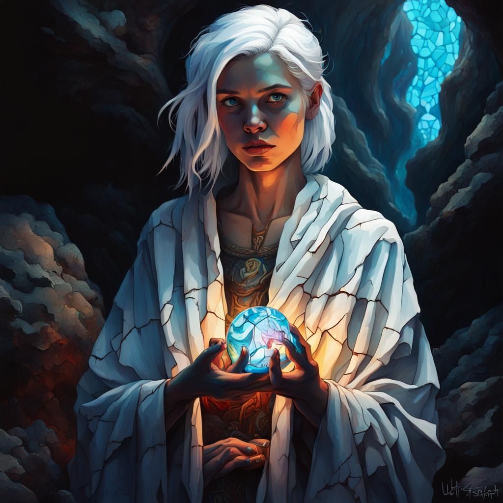 Girl in Labyrinth with Glowing Crystal, Stained Glass Style