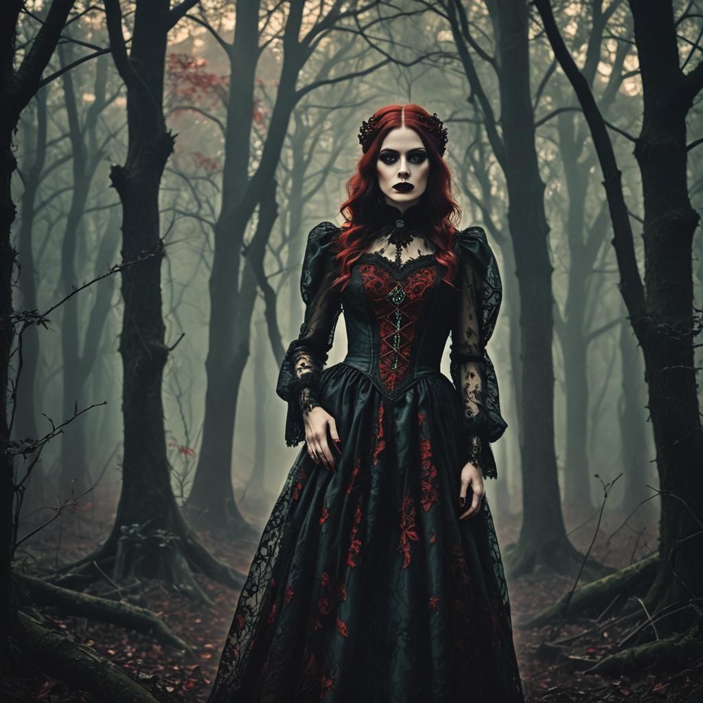Gothic Victorian Woman in Dark Forest