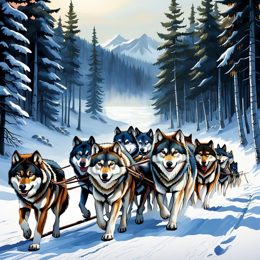 A beautiful wolf pack pulling a dog sled