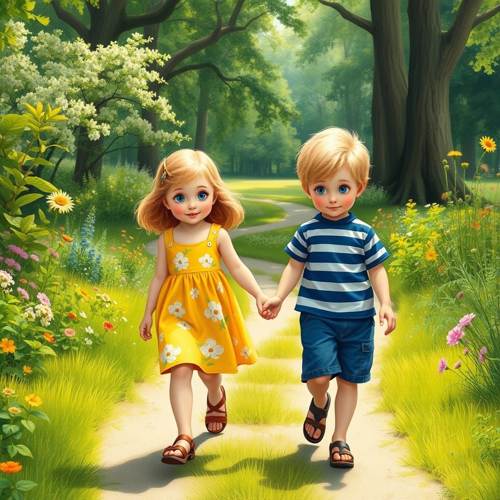 Children Strolling Through a Flower Garden