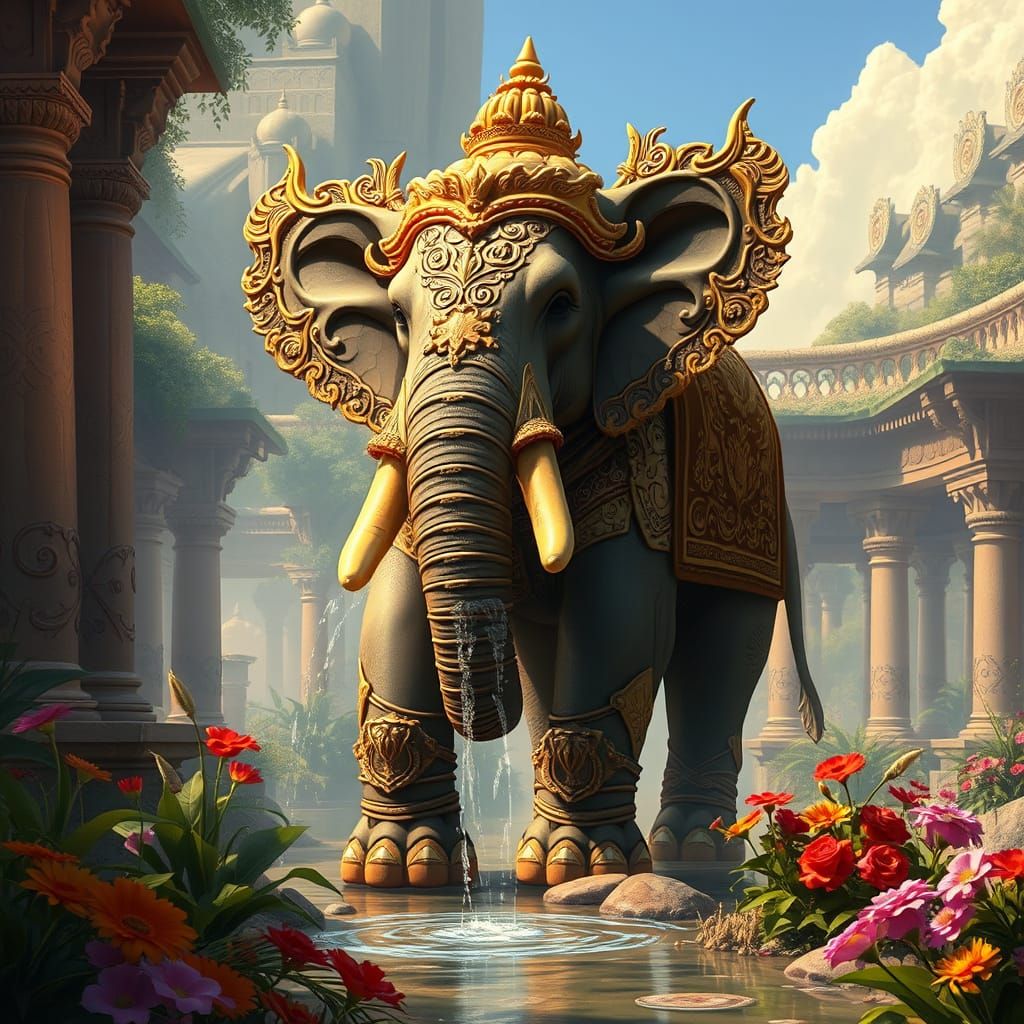 Golden Elephant Fountain in Temple Garden