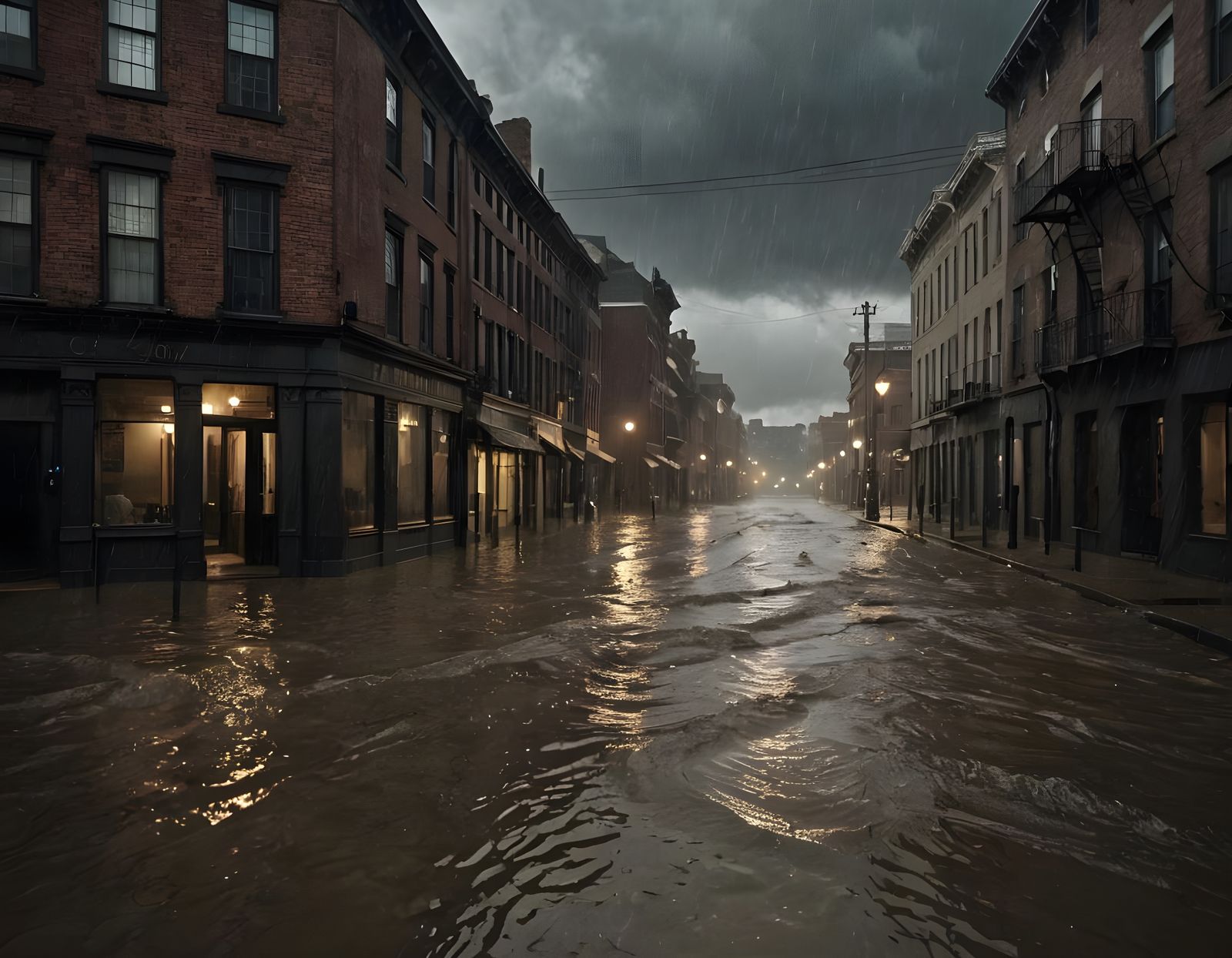 Gothic City Submerged in Turbulent Floodwaters