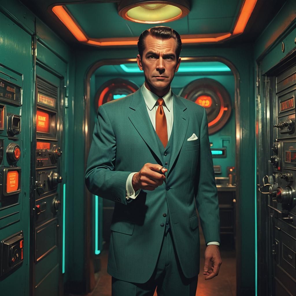 Demonic Vault Salesman in Retro-Futuristic Style