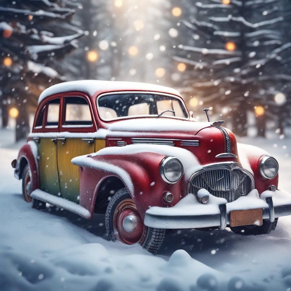 Vintage Car Christmas Scene in Hyperrealistic Style