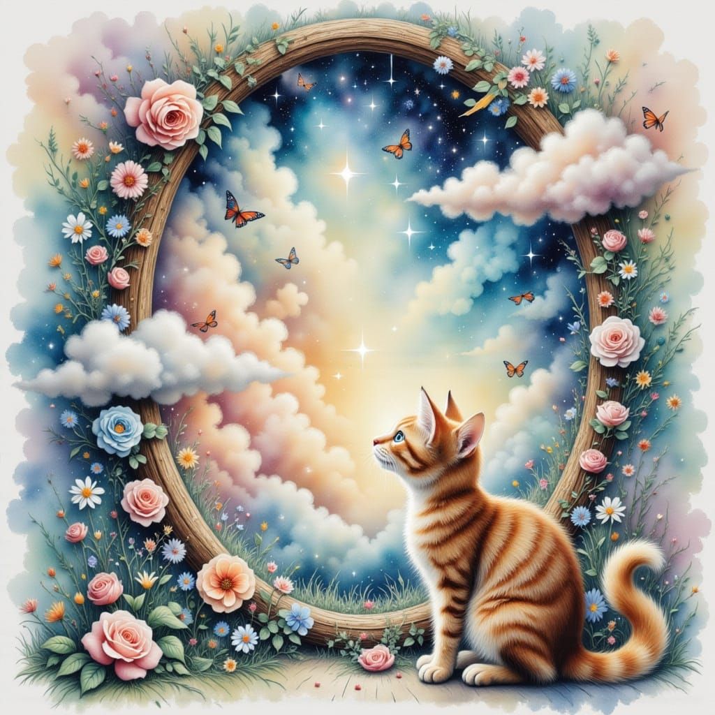 Curious Cat Peering Through Fantastical Portal in Watercolor...