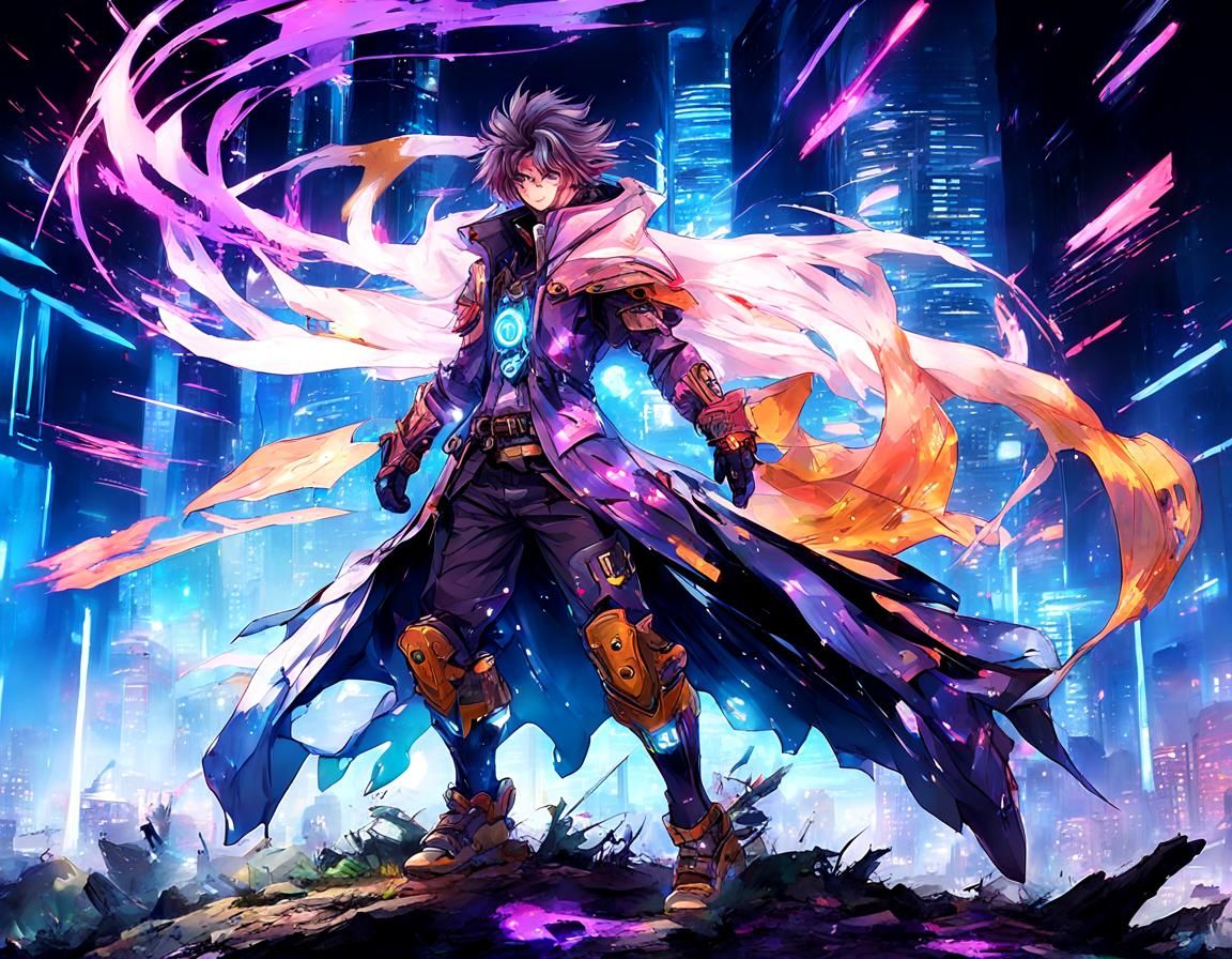 Heroic Cyberpunk Anime Character in Mountain Forest