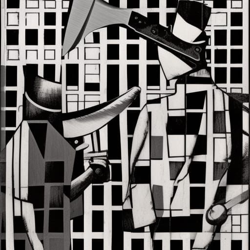 18th Century Workers in Mondrian Shack as Linocut