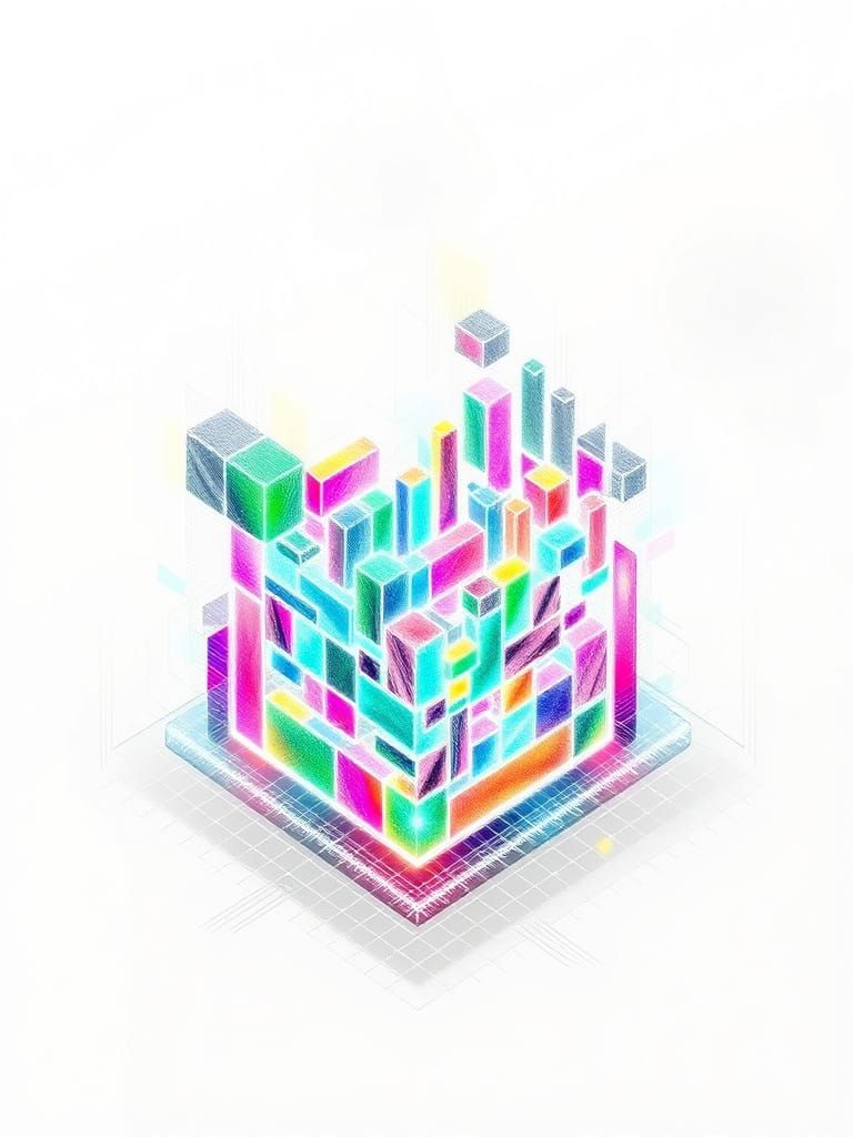 3D Wireframe Tetris Game Exploded in Pixar Style with Neon A...