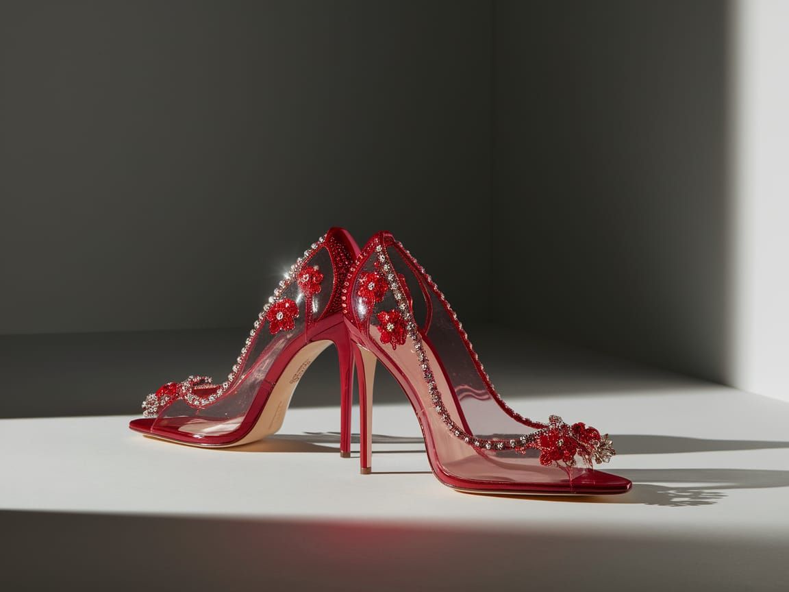 Glossy Red High Heels with Transparent Floral Design