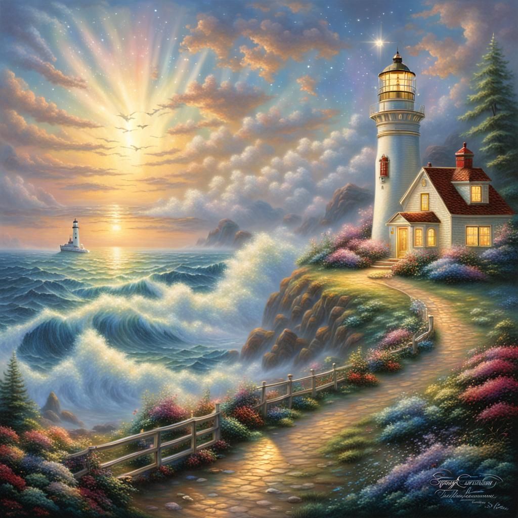 Cosmic Serenade: Hyperdetailed Lighthouse in Sparkling Sky