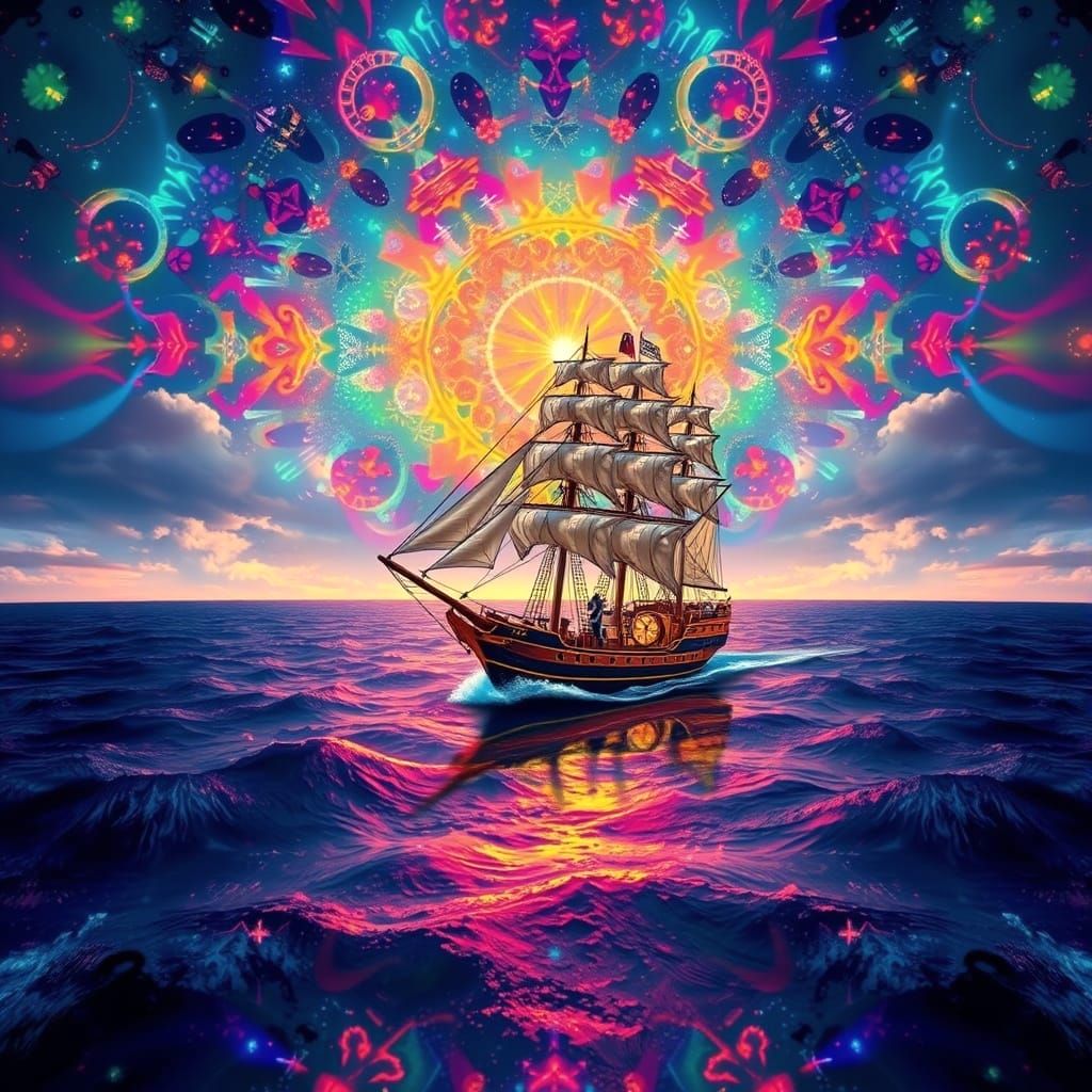 Kaleidoscopic Night Sky and Clockwork Ship