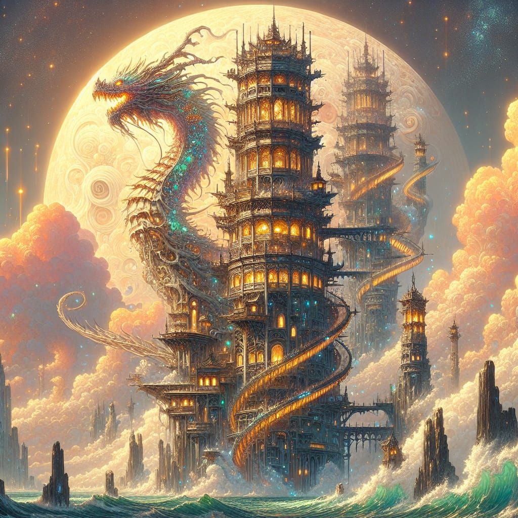 Fantasy Tower with Dragon in Romantic Style Concept Art