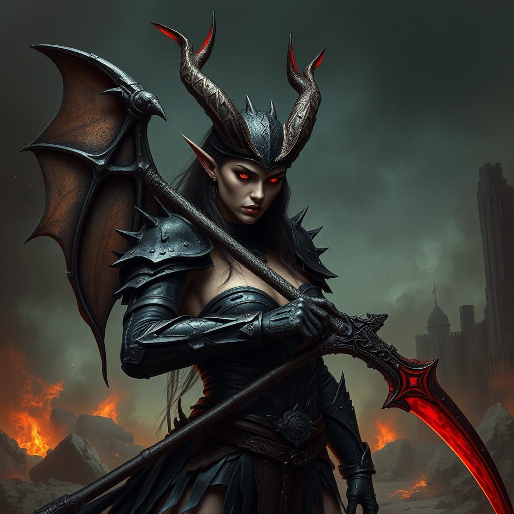 Dark Fantasy Demon Warrior in Tattered Armor Wields Crimson ...