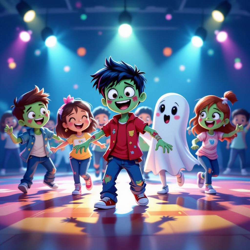 Zombies and Ghosts Conga Line Under Disco Lights