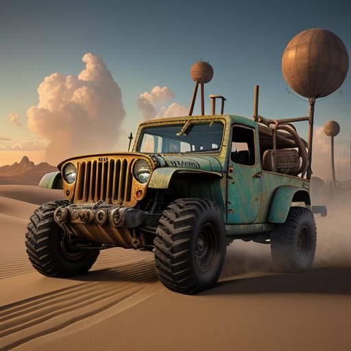 steampunk old Jeep Willys pickup rat rod tall tractor tires through hood blowing red exhaust patina rusty dark brown in ...