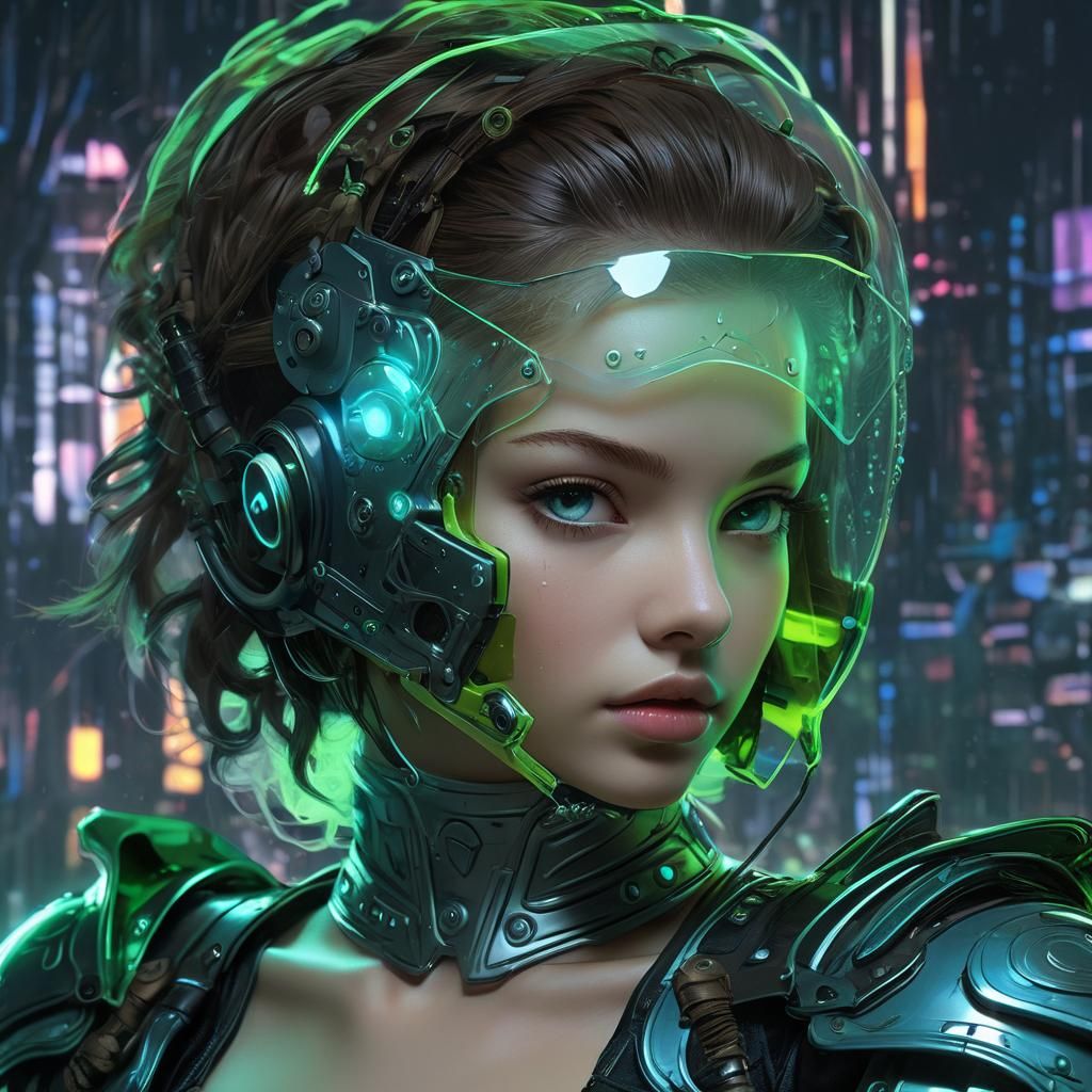 Woman in Bioluminescent Armor in Cyberpunk Style