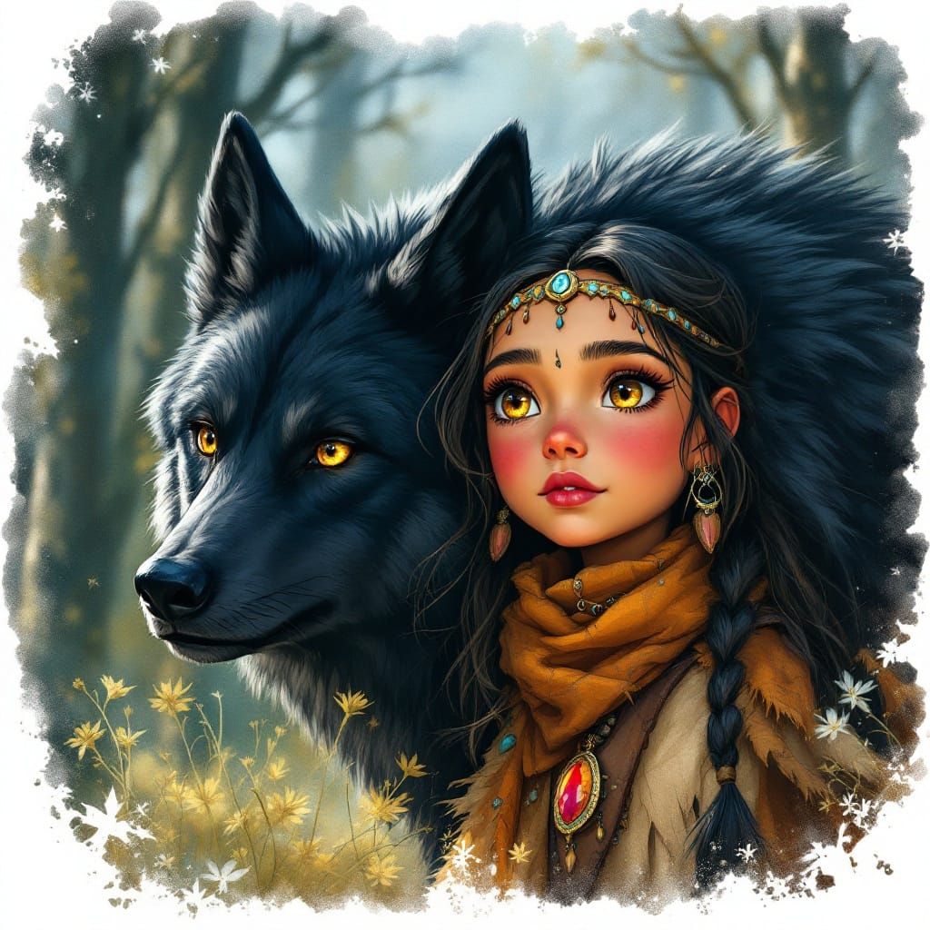Native American Girl Protected by Golden-Eyed Wolf