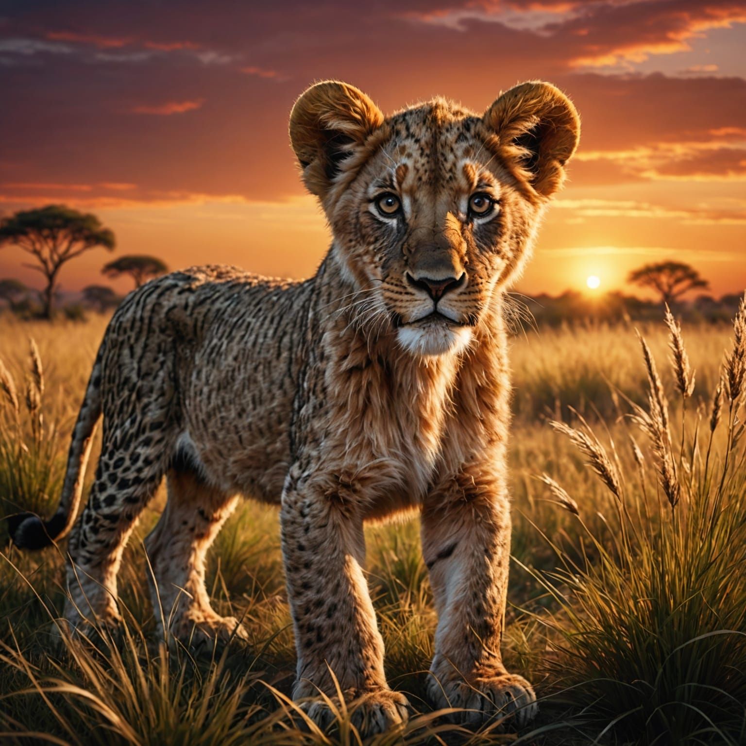 Photorealistic Lion Cub at Serengeti Sunset