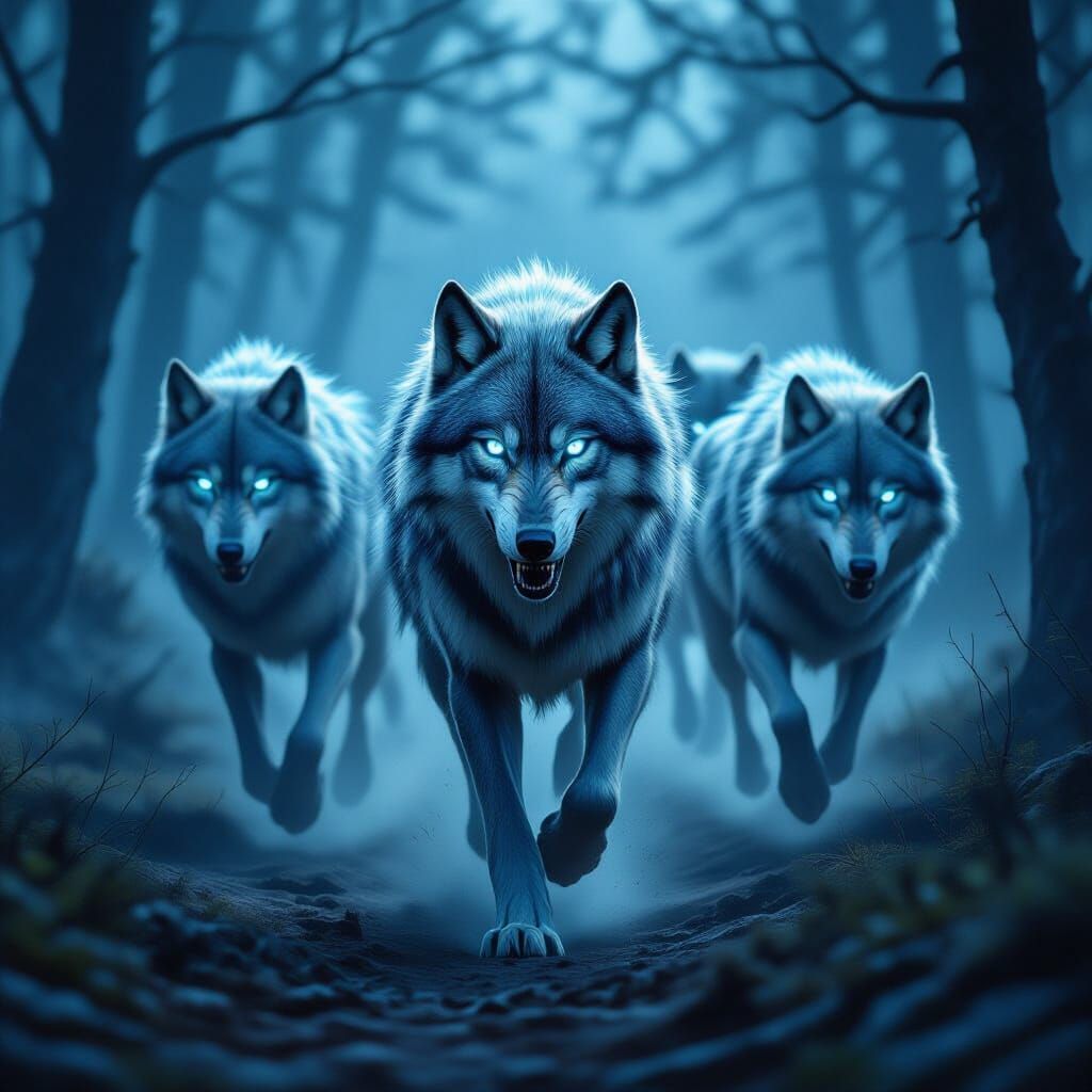 Spectral Wolves Chase Through Dark Fantasy Forest