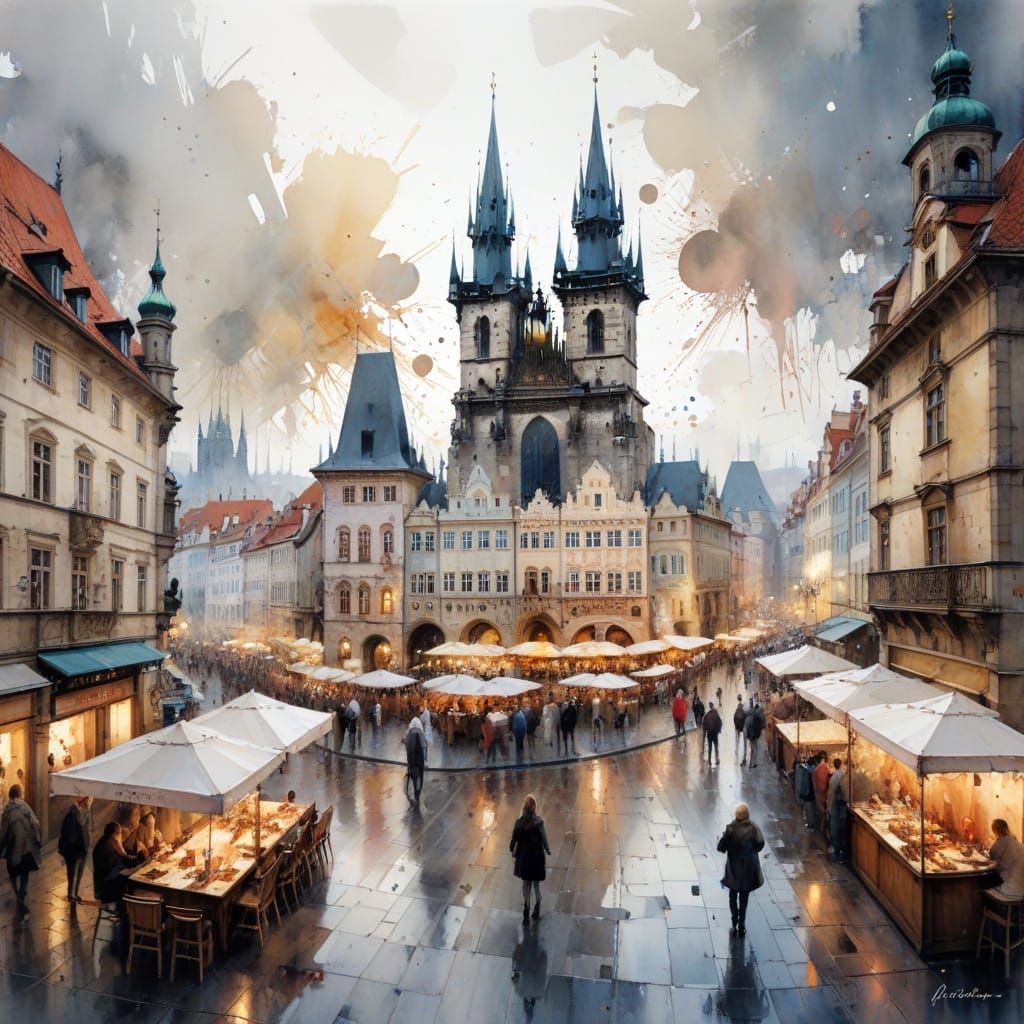 Prague Old Town Square Watercolour Painting