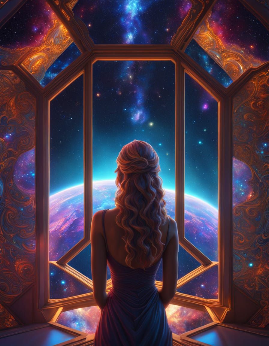 A Cosmic Woman Gazes into Infinity's Mysteries