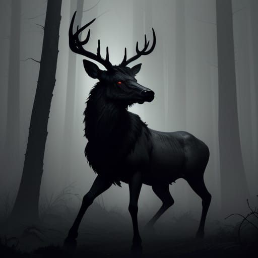 Surreal Hyperrealistic Stag in Eerie Forest Landscape