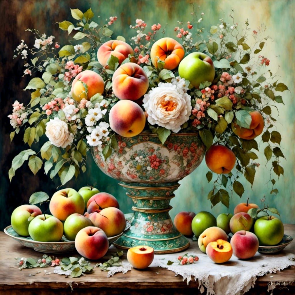 Vibrant Vase with Fruit and Flowers in Gouache Style