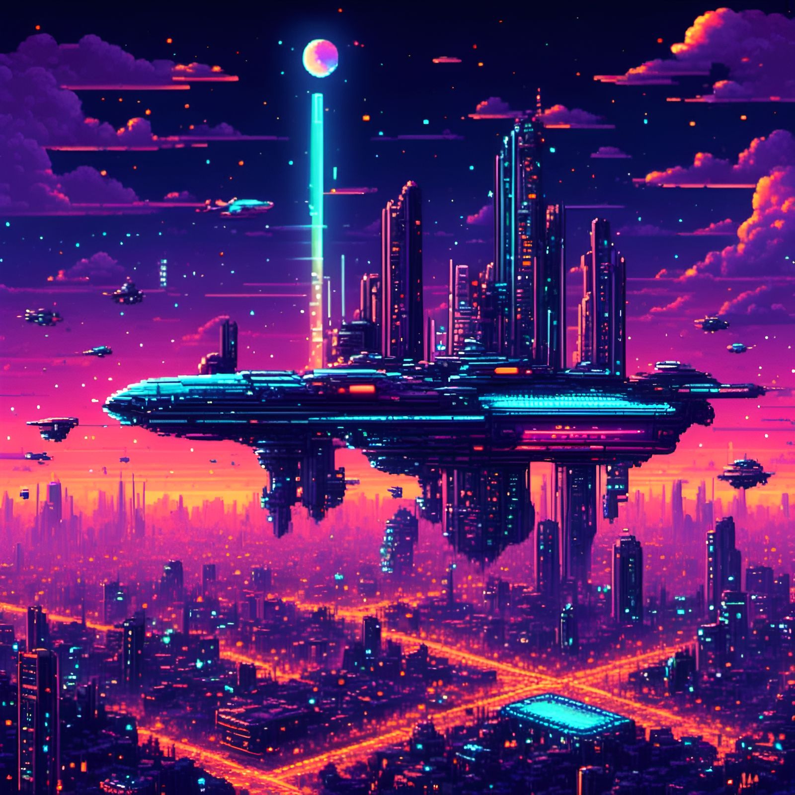 Pixel Art: Futuristic Cityscape with Neon Lights