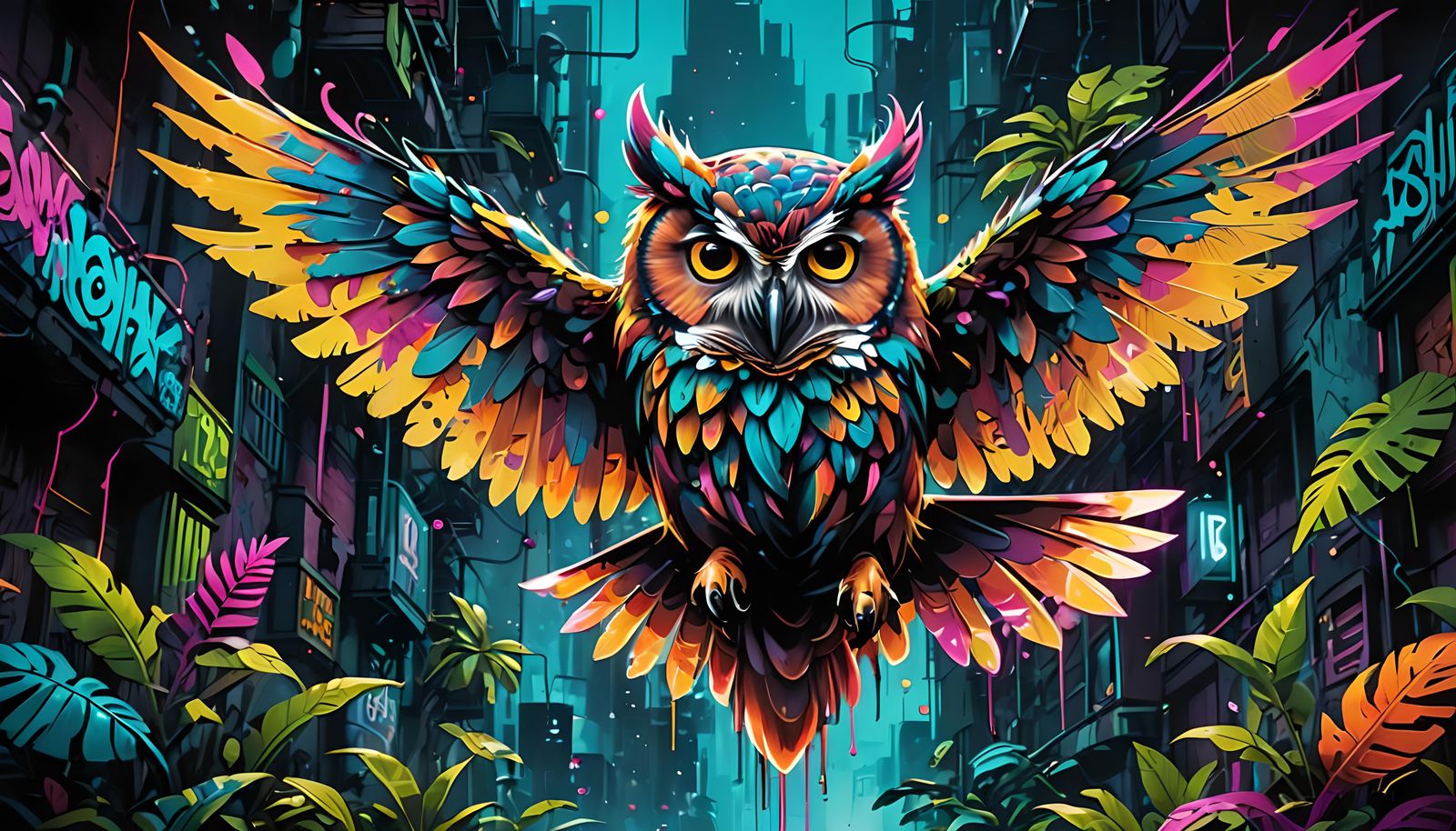 Biopunk Owl Soaring in Neon Jungle Graffiti Art