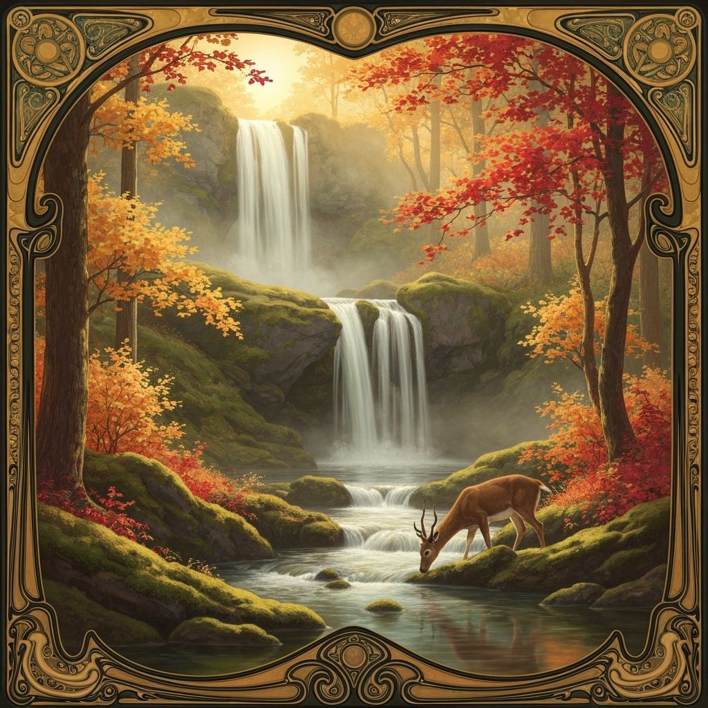 Art Nouveau Autumn Waterfall with Deer at Sunrise